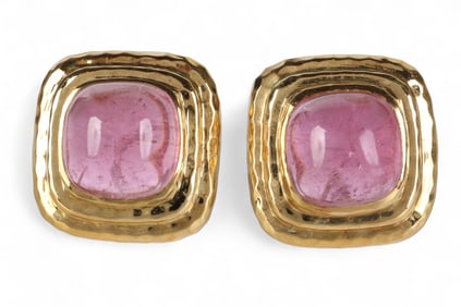 18k Gold MAZ Rose Quartz Cushion Cut Earrings 21g