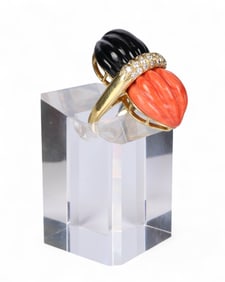 18k Gold .68 CT TW Diamond Coral Onyx Ring Sz 6