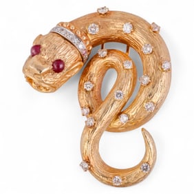 14k Gold 2.25 CT TW Serpent Diamond Ruby Brooch