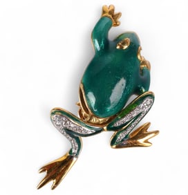 18k Gold .25 CT TW Diamond Enamel Frog Brooch Pin