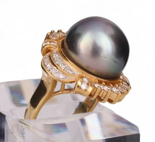 18k Gold .55 CTTW Diamond Tahitian Pearl Ring Sz 7