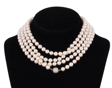 14K Opera Length 60" Pearl Diamond Clasp Necklace