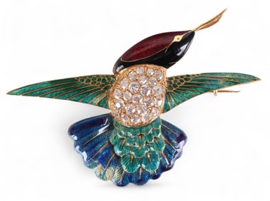 18K Gold 1.4 CT TW Diamond Enamel Hummingbird Pin