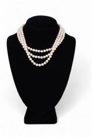 14k Gold Diamond Clasp 3 Strand 6mm Pearl Necklace