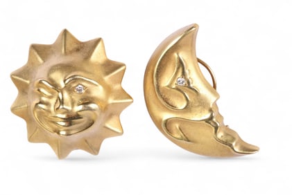 14k Gold Pair Moon and Sun Diamond Earrings 16.1g