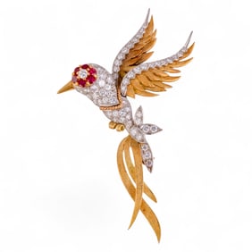 14k Gold 5 CTTW Diamond Ruby Retro Era Bird Brooch
