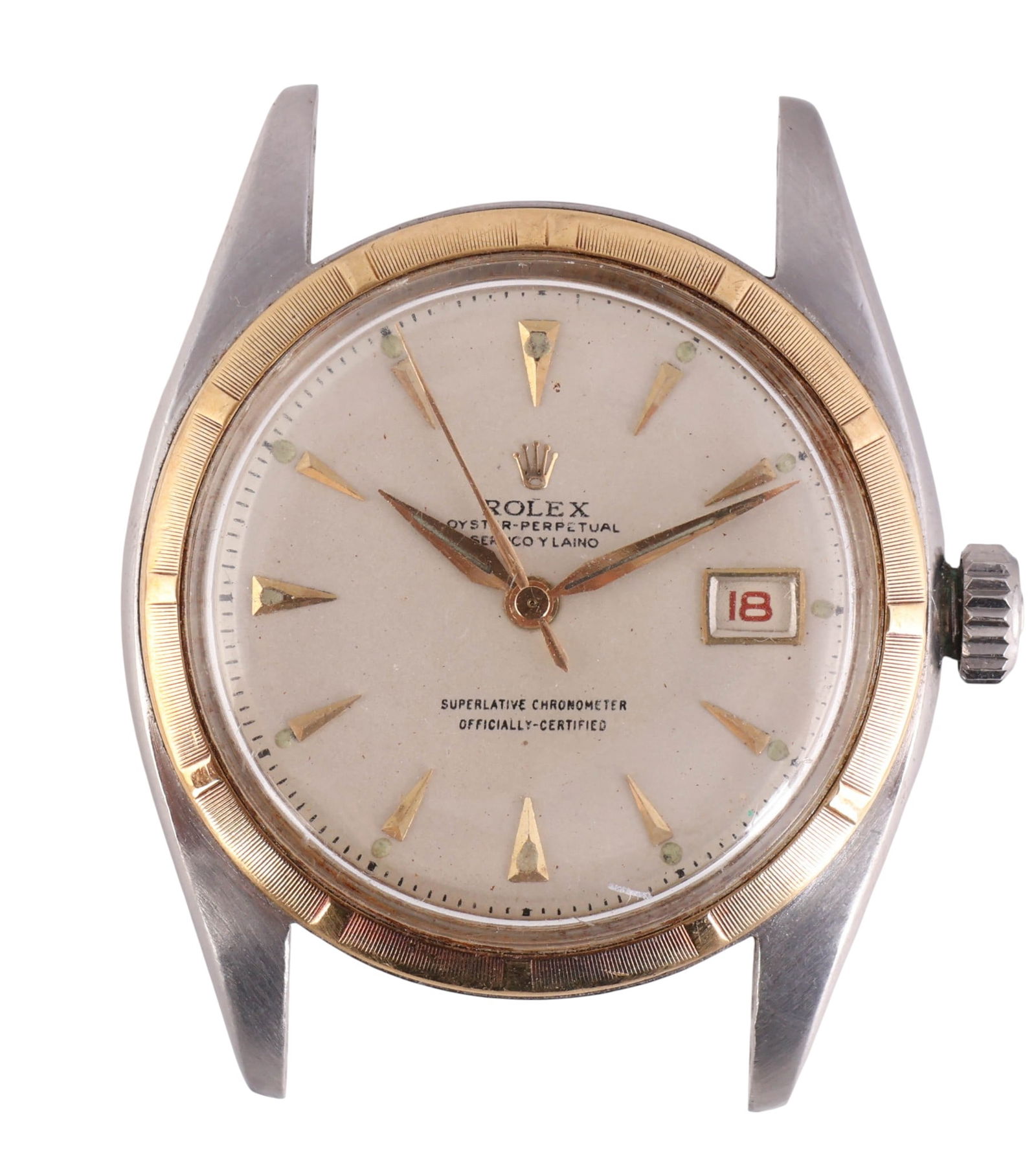 Rolex Oyster Perpetual Datejust 6105 14k/SS Watch: Rolex Oyster Perpetual Datejust wristwatch, reference number 6105, serial number 858433, produced circa 1963. The watch features a 14 karat yellow gold fluted bezel atop a stainless steel case, measur