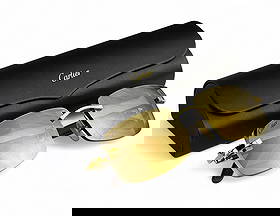 Cartier French Designer Eyeglass Sunglass Frames: Pair of Cartier France luxury designer rimless eyewear featuring gold-tone hardware and wood-grain temples. The frames are signed Cartier and include a black Cartier hard case with a gold logo. Glasse