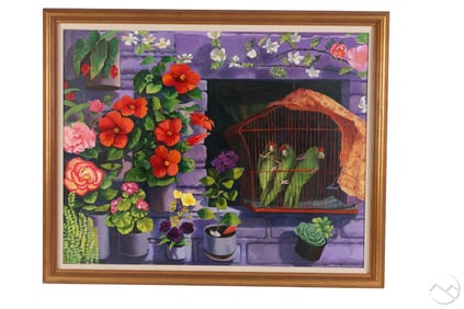 Elena Climent b.1955 Bird Cage Floral Oil Painting