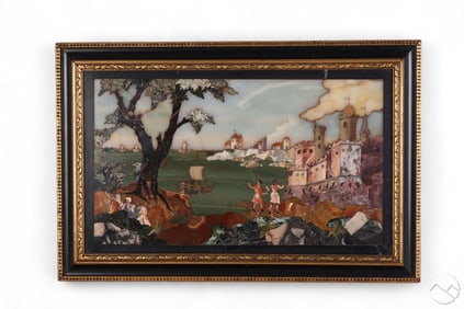 19C. Italian Pietra Dura Harbor Scene Panel FRAMED