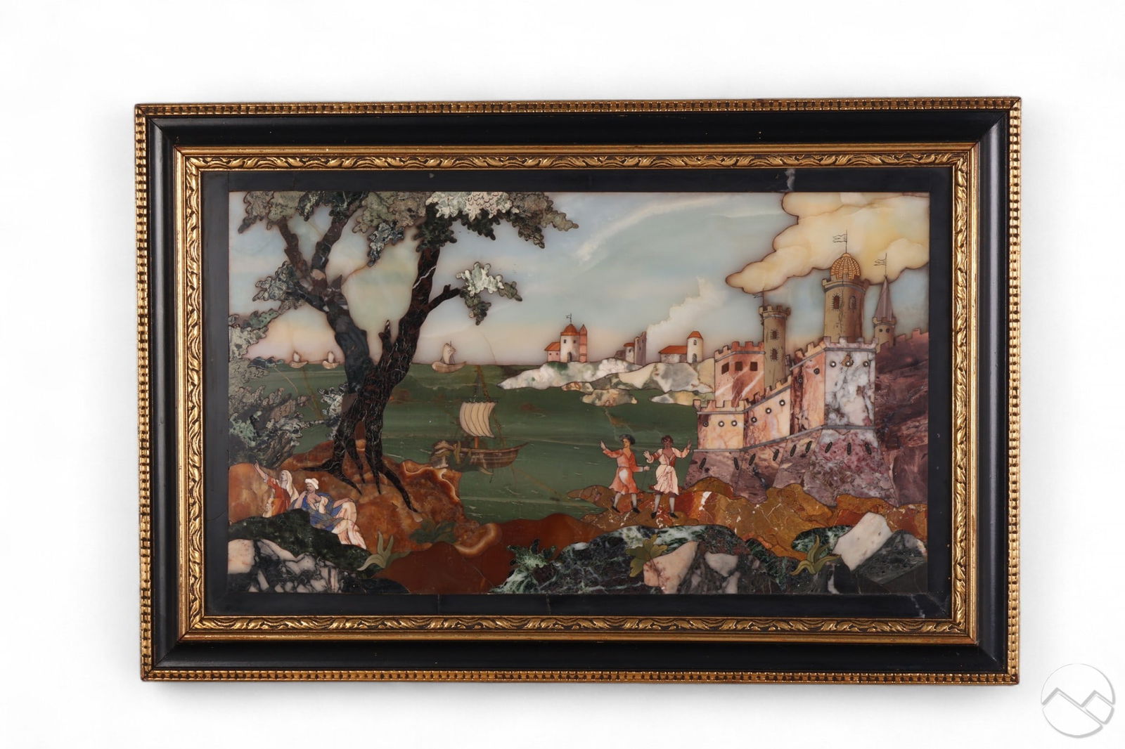 19C. Italian Pietra Dura Harbor Scene Panel FRAMED: Antique Italian pietra dura panel intricately crafted from polished semiprecious hardstones including agate, lapis, onyx, malachite, jasper, alabaster, and others. The composition depicts a harbor sce