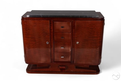 French Art Deco Marble Top Walnut Sideboard Table