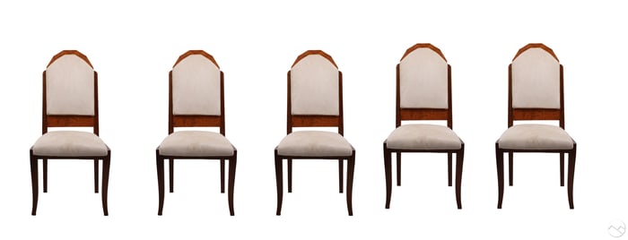 French Art Deco Burl Walnut Side Chairs 5pc SET