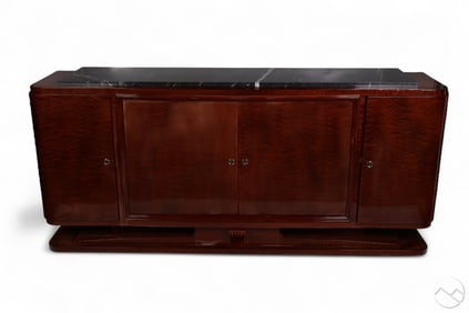 French Art Deco Burl Walnut Marble Top Sideboard