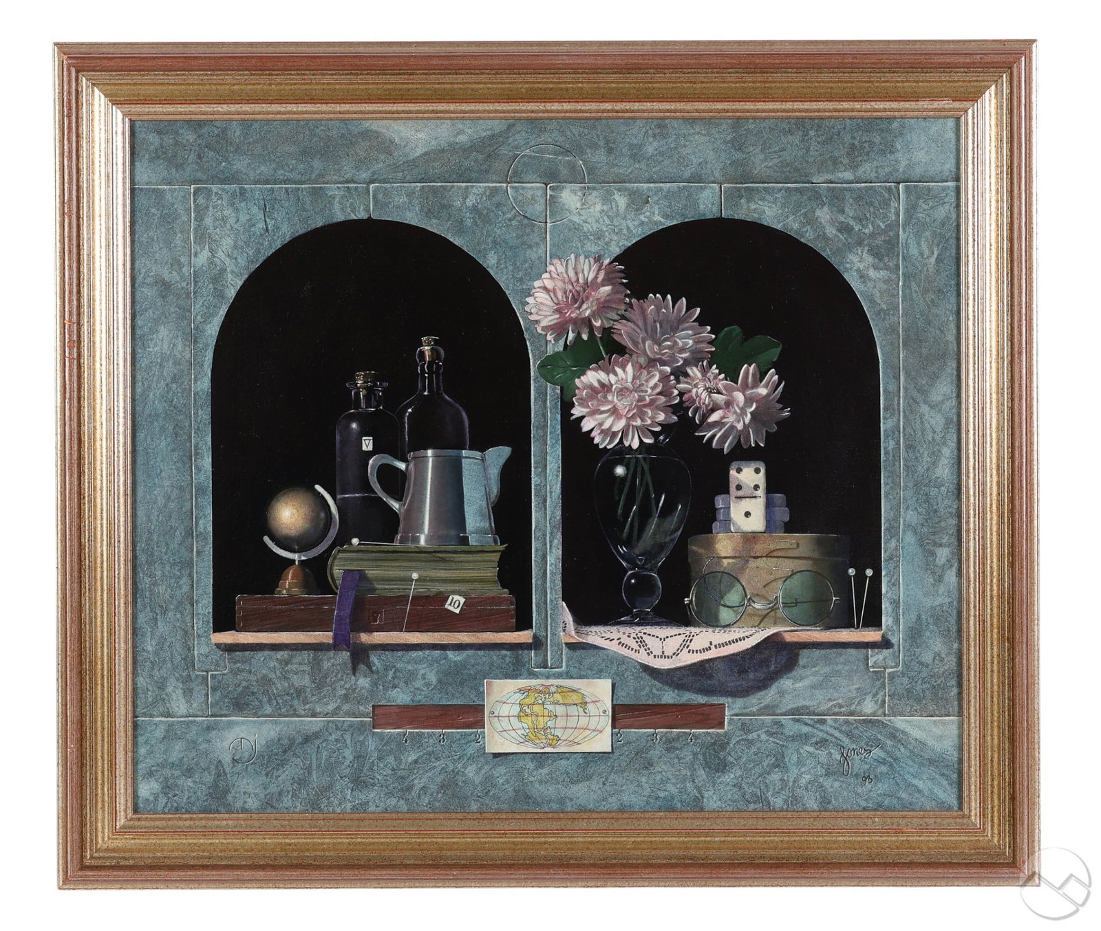 Jones Dated 96 Trompe L'Oeil Still Life Painting: Trompe loeil still life painting on board, signed Jones 96 lower right. The composition depicts a dual-arched niche with finely detailed objects including pink chrysanthemums in a vase, apothecary bot