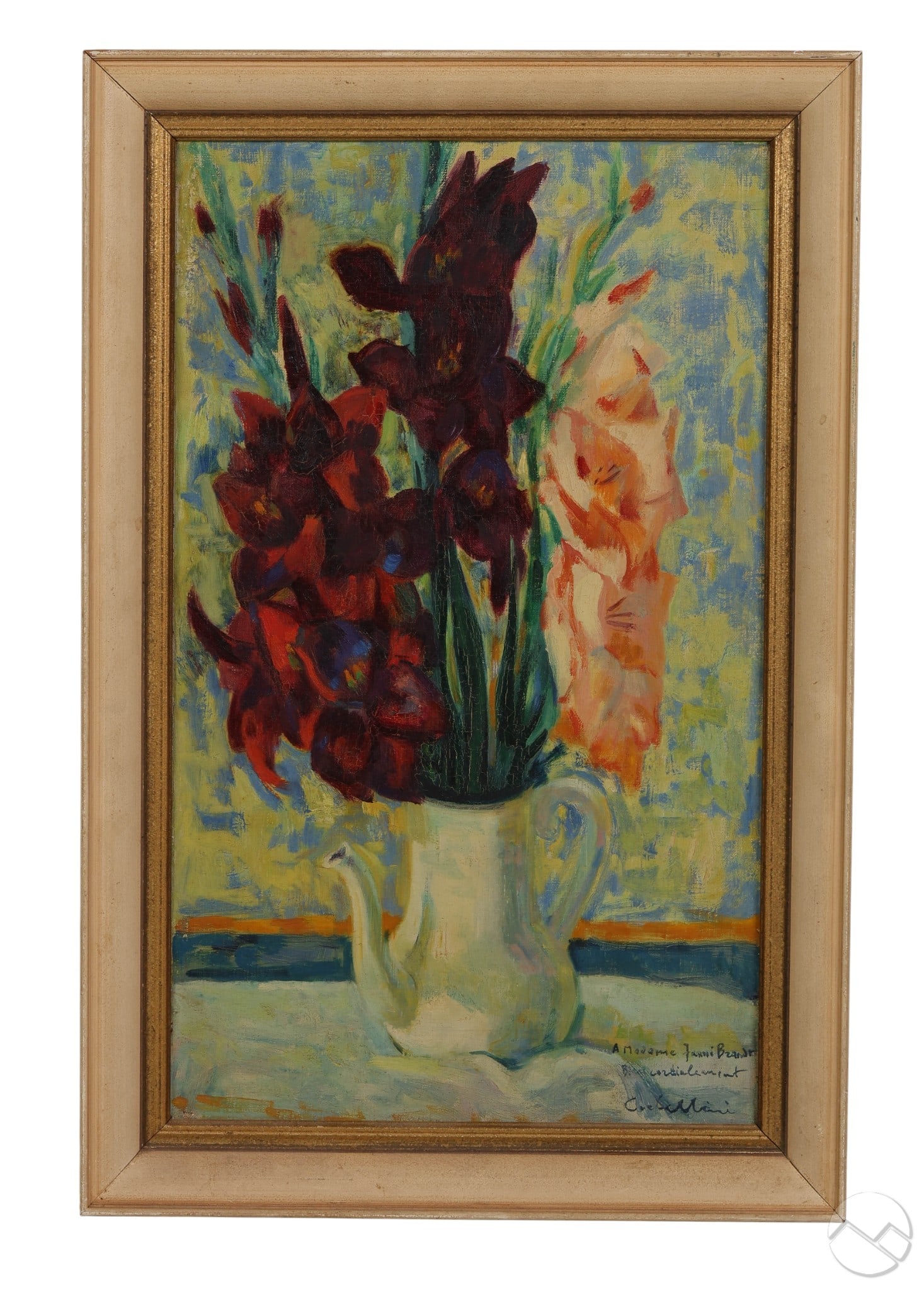 Luigi Corbellini 1901-1968 Still Life Painting: Luigi Corbellini (Italian-American, 1901-1968), oil painting on canvas depicting a still life with a white pitcher holding dark red and pink gladiolus stems. Inscribed and signed lower right with dedi