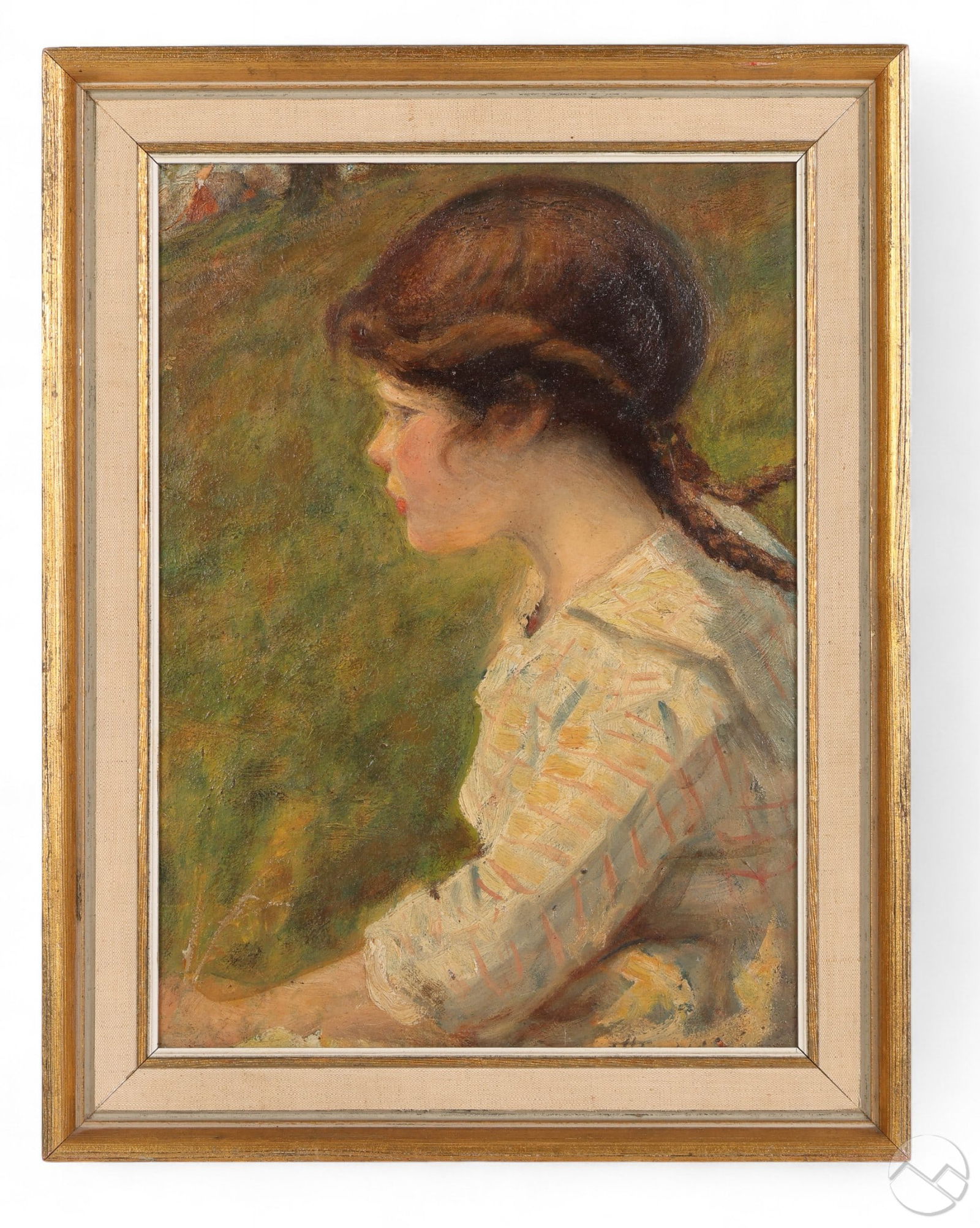 Frank H Tompkins 1847-1922 Child Portrait Painting: Frank Henry (Hector) L. Tompkins (American, 1847-1922), antique oil on board painting depicting the side profile of a young girl with braided hair set against a green-toned background. Signed "F.H. To