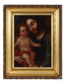Antique Saint Joseph & Infant Christ Oil Painting