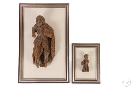 Antique Aged Wood Santos Figures in Frames 2pc LOT