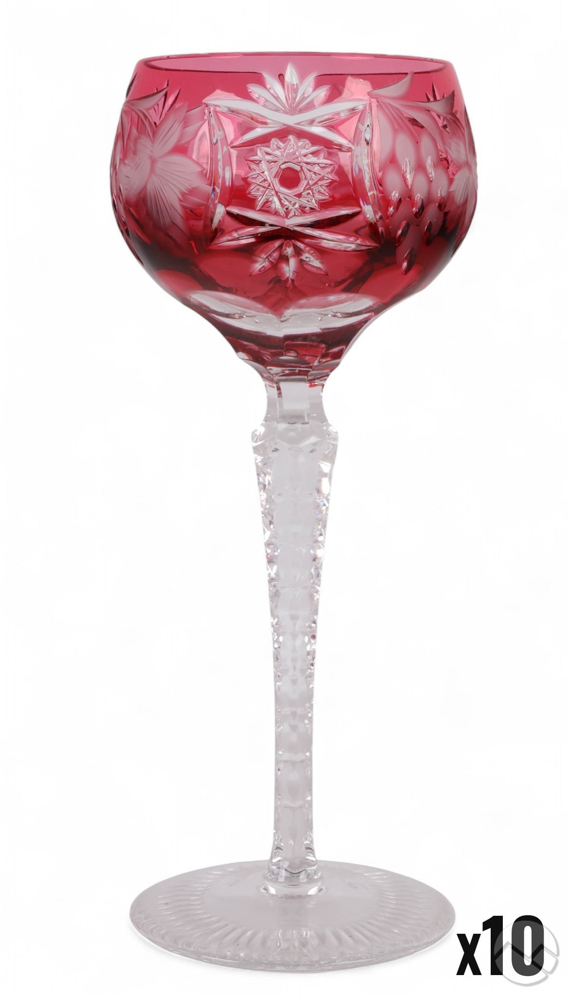 Nachtmann Traube Cranberry Wine Hock Glasses SET: Nachtmann Bleikristall "Traube pattern", circa 1940, lot of ten cut to clear crystal wine hock glass goblets in cranberry red. Features a tapered faceted clear stem and starburst foot, the bowl decora
