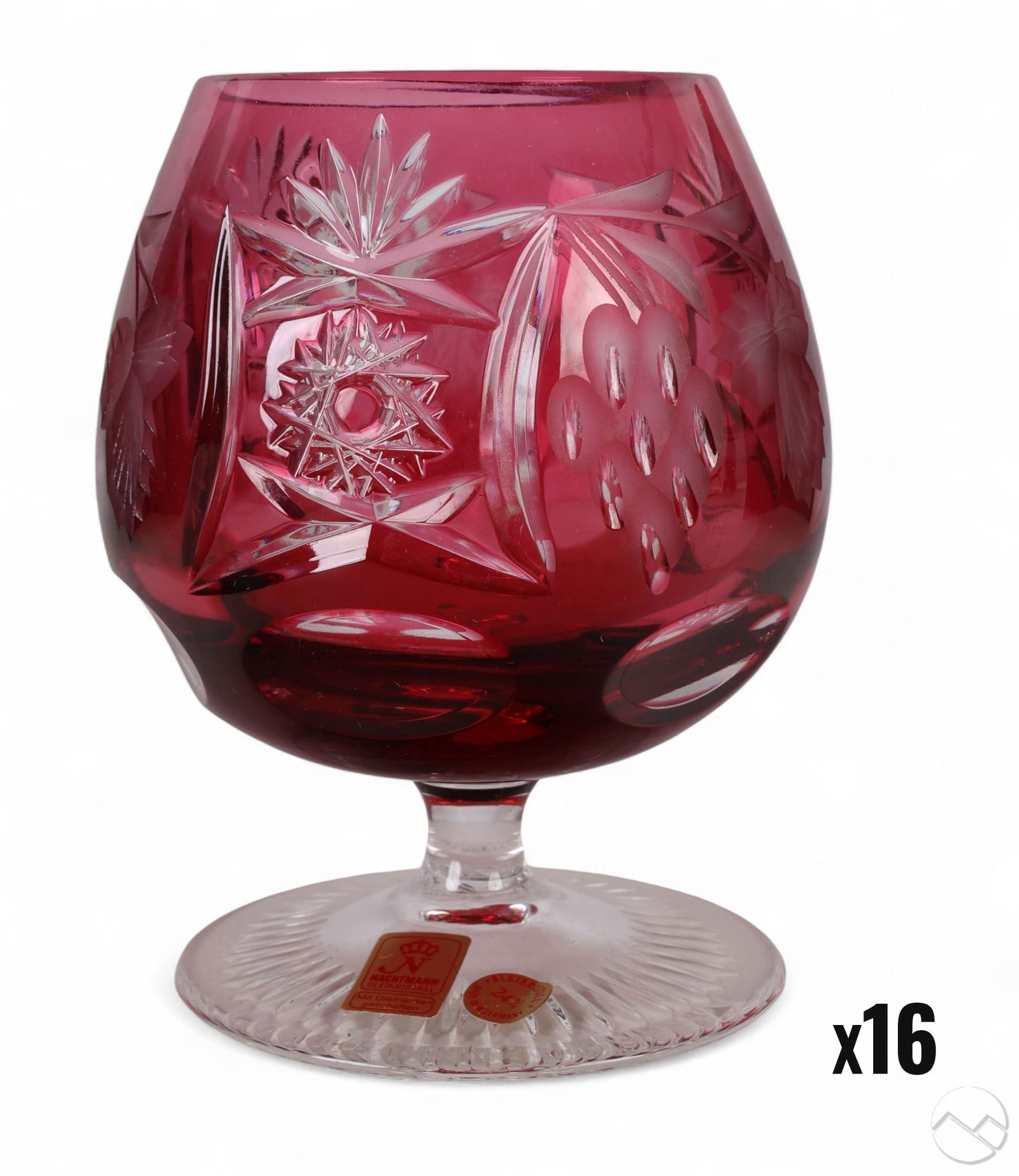 Nachtmann Traube Cranberry Brandy Goblets 16pc LOT: Nachtmann Bleikristall "Traube" pattern, circa 1940, lot of sixteen cut to clear crystal barware brandy snifter glass goblets in cranberry red. Features a short clear stem and starburst foot, the bowl