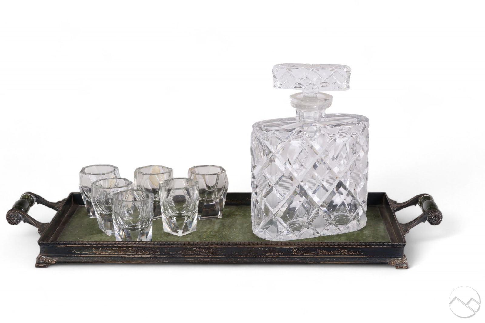 Czech Crystal Barware w/ Jade Sterling Tray 8p LOT (1 of 8)