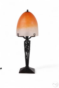 French Art Deco Forged Iron Art Glass Shade Lamp