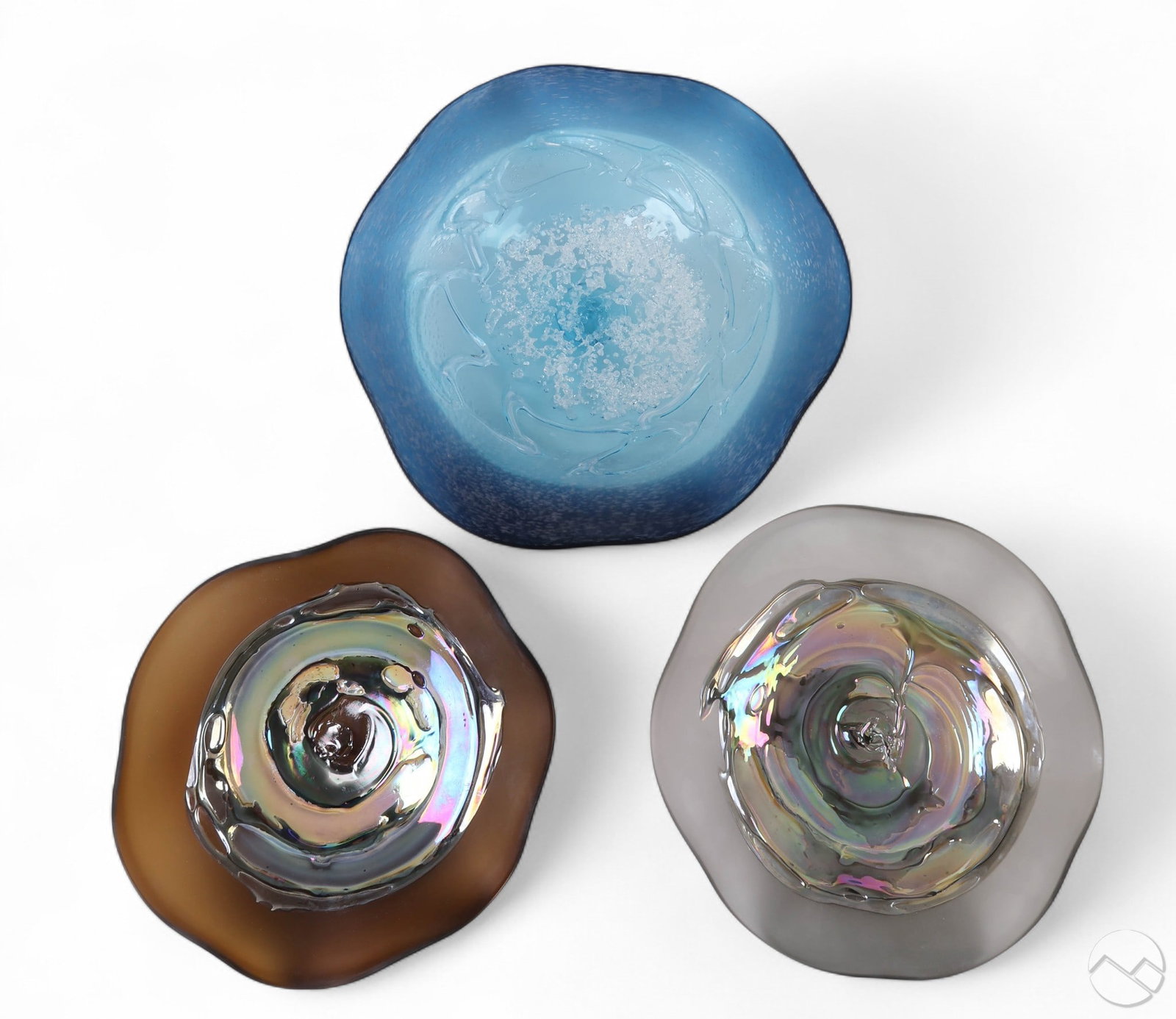 Seaform Studio Art Glass Manner of Chihuly 3pc LOT: Seaform studio art glass lot of three hand blown sculptures with fluid undulating rims in blue, smoke gray, and amber tones. Each features organic freeform shapes and iridescent or crystalline interio