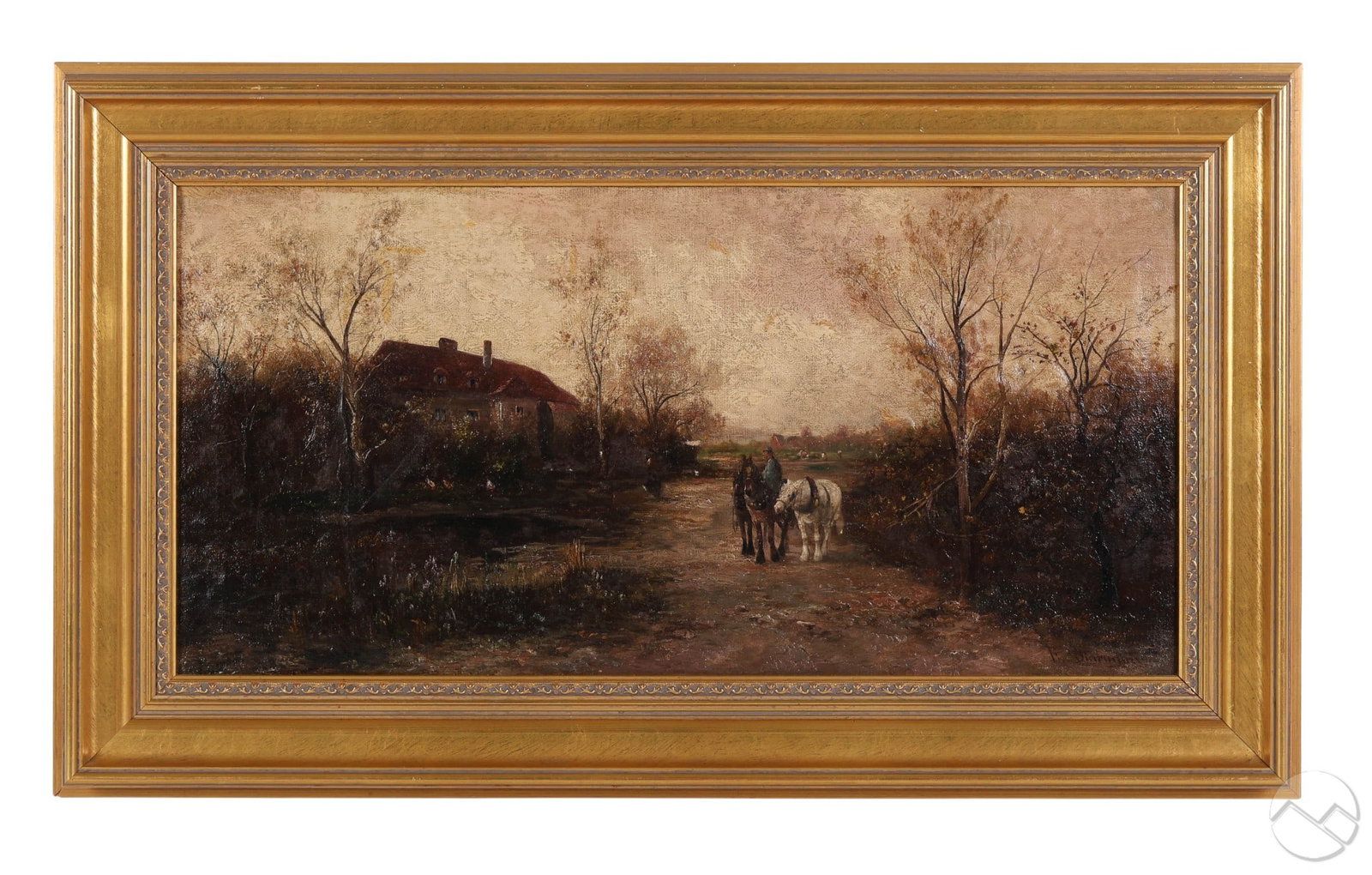Countryside Landscape Antique Oil Painting SIGNED: Country rural side landscape late 19th century oil painting on canvas. Depicts a rustic village style lane where a lone figure leads two horses forward with a red roofed farmhouse partially obscured b
