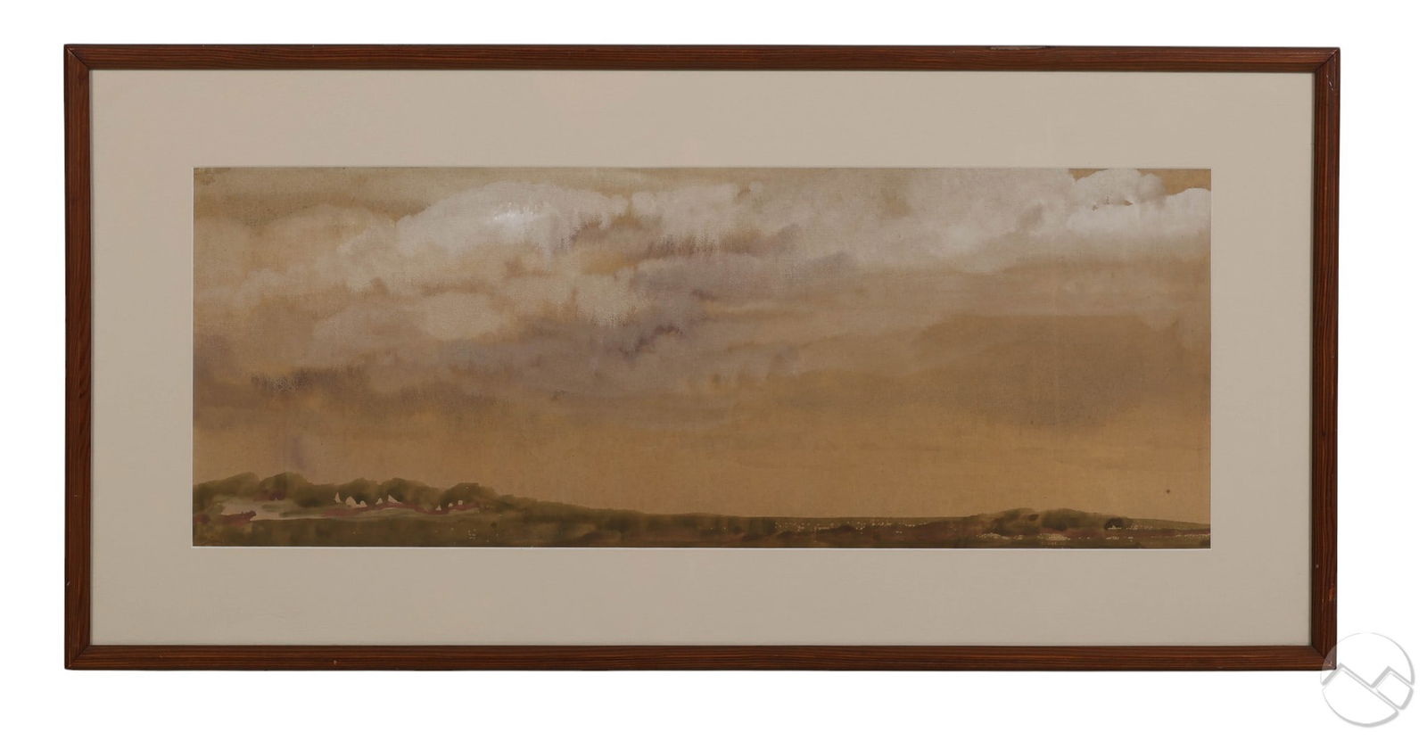 Arthur B Davies 1862-1928 Landscape Watercolor: Arthur B. Davies (American, 1862-1928), Italian Landscape, a horizontal gouache and watercolor on paper depicting a gently rolling countryside with clustered architecture nestled among hills under a v