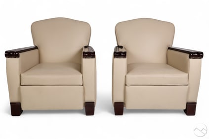 Art Deco Pair of White Leather & Wood Club Chairs
