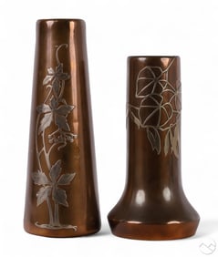 Art Nouveau Mixed Metals Silver Over Bronze Vases