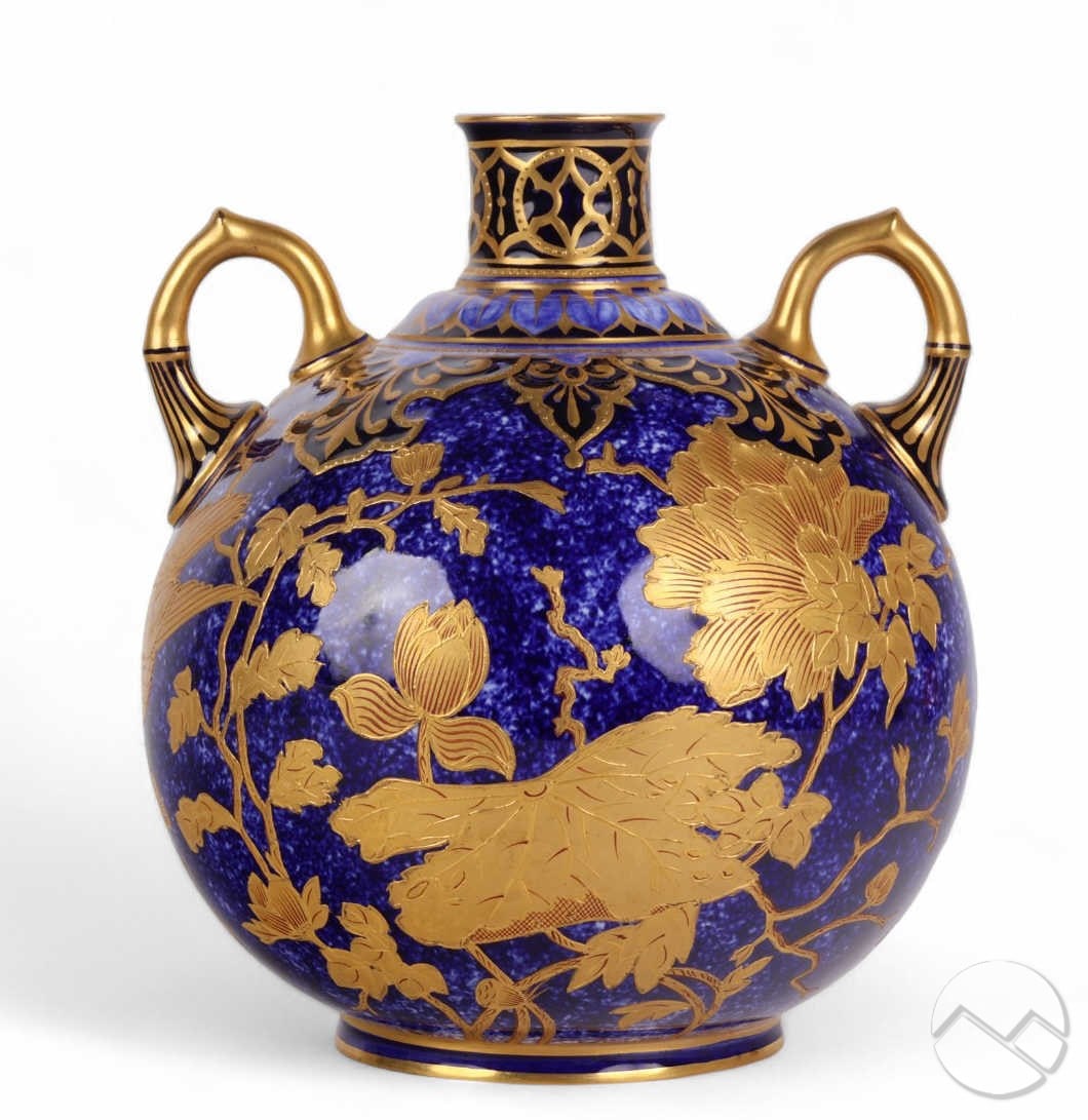 Royal Crown Derby Porcelain Gold Gilt Floral Vase: Royal Crown Derby richly decorated porcelain vase featuring a cobalt blue ground with gold floral and foliate motifs. The bulbous body is adorned with peony, lotus, and chrysanthemum blossoms in raise
