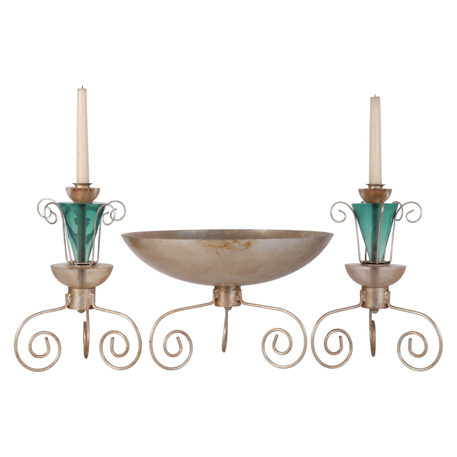Van Teal Centerpiece Bowl & Candlesticks 3pc SET: Van Teal Memphis style three-piece centerpiece set featuring a large shallow silvered metal bowl on curled scroll legs and a pair of matching candlesticks. The candlesticks have teal lucite inverted c