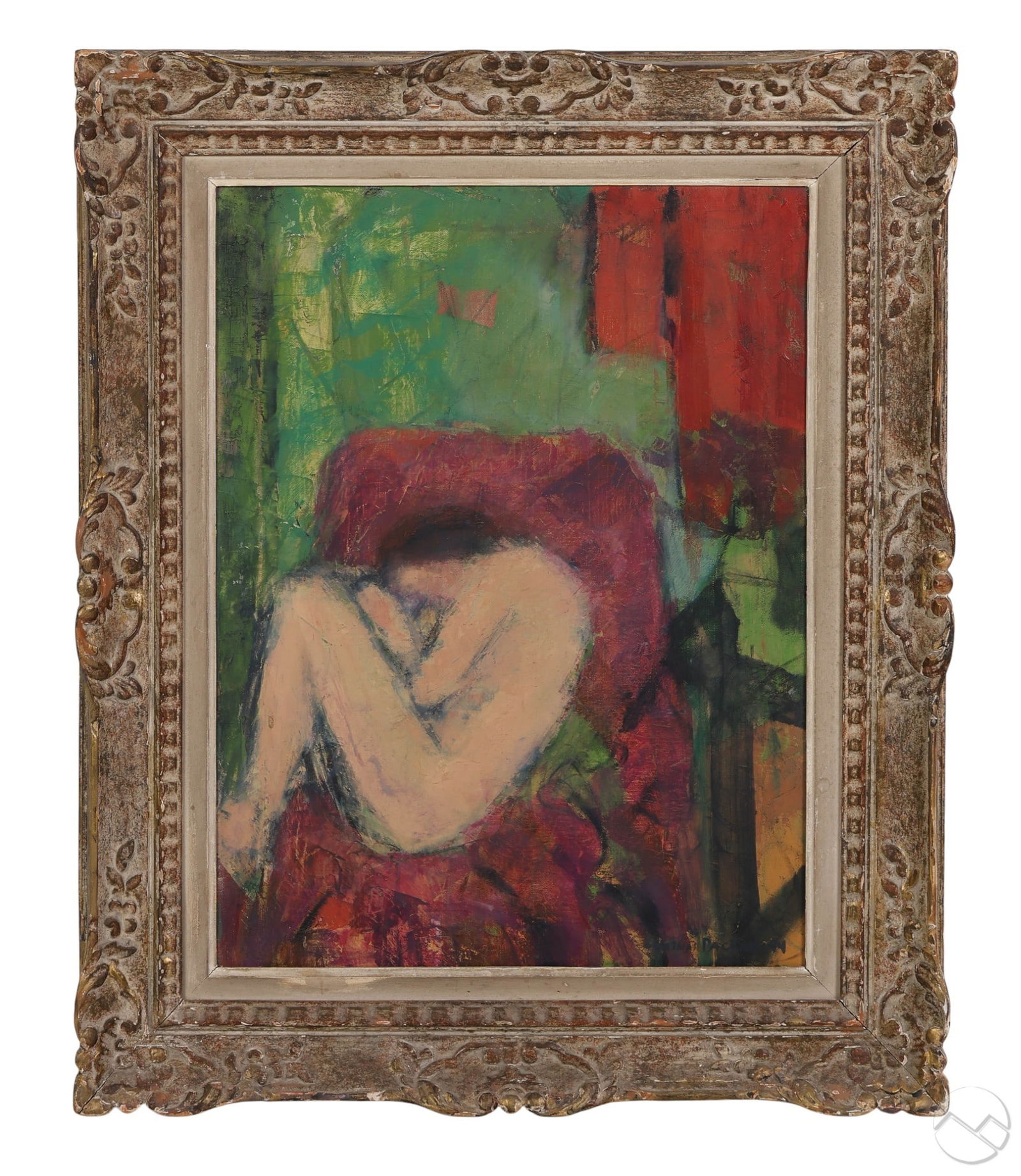 Cynthia Packard b.1957 Contemporary Nude Painting: Cynthia Packard (American, born 1957), oil painting on canvas depicting a seated nude figure with head lowered, surrounded by abstract color blocks. Signed lower left. Presented in a period-washed fra