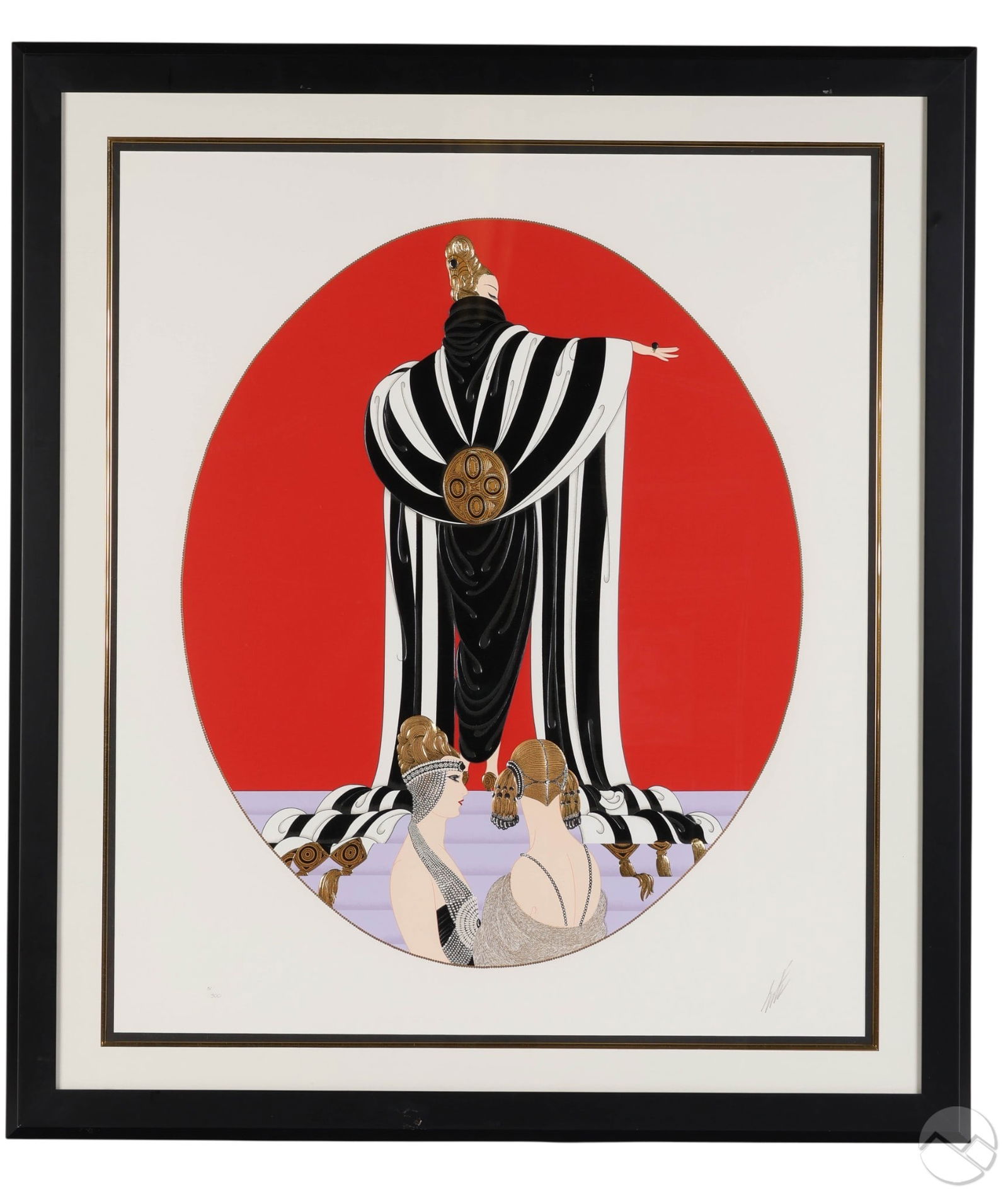 Erte 1892-1990 Monaco Art Deco Colored Serigraph: Erte (Romain de Tirtoff, Russian/French, 1892-1990), limited edition color serigraph depicting three elegantly adorned figures in the Art Deco style with flowing drapery and a red circular backdrop. N
