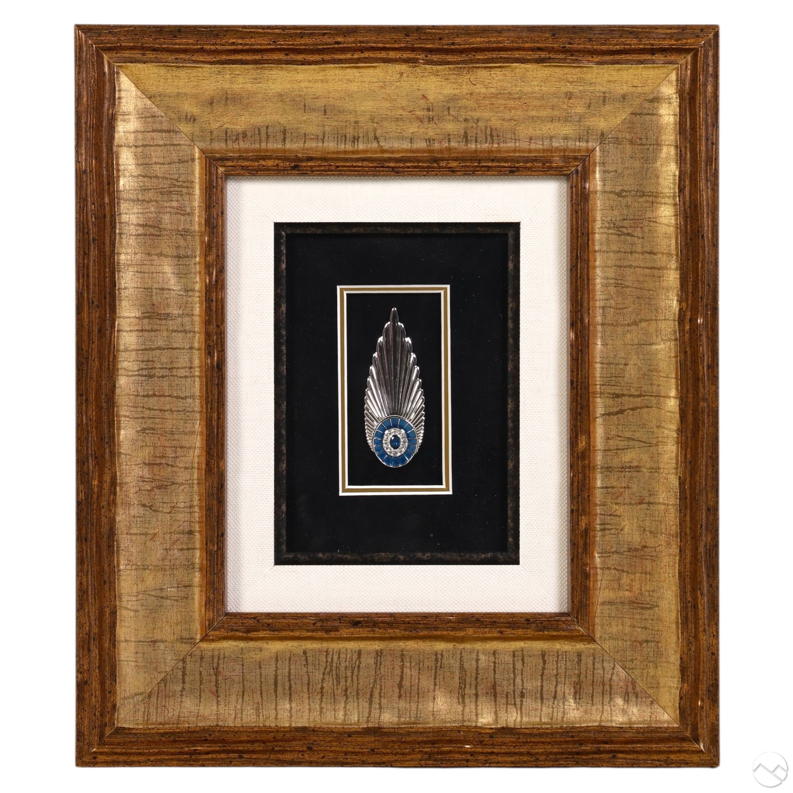 Erte "Plume" Silver Enameled & Gemstone Pin FRAMED: Erte (Romain de Tirtoff, 1892-1990, Russian), Plume, sterling silver brooch accented with blue enamel and clear crystal rhinestones, featuring a winged Art Deco-inspired design with feathered motifs r