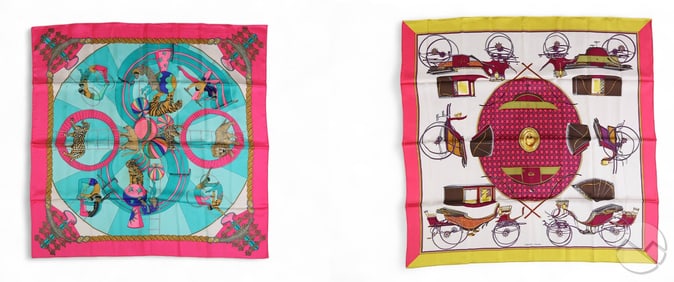 Hermes Circus & Carriage Design Silk Scarf 2pc LOT