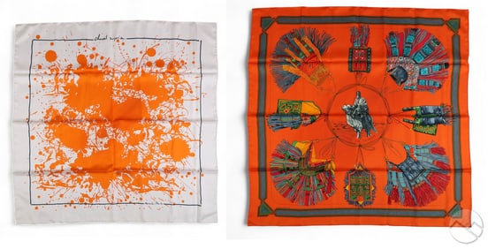 Hermes Cuirs du Desert & Splat Silk Scarf 2pc LOT