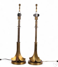 Pair of Mid 20C Hollywood Regency Brass Palm Lamps
