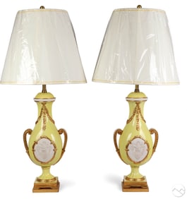 Pair Marbro Yellow Gold Porcelain Urn Table Lamps