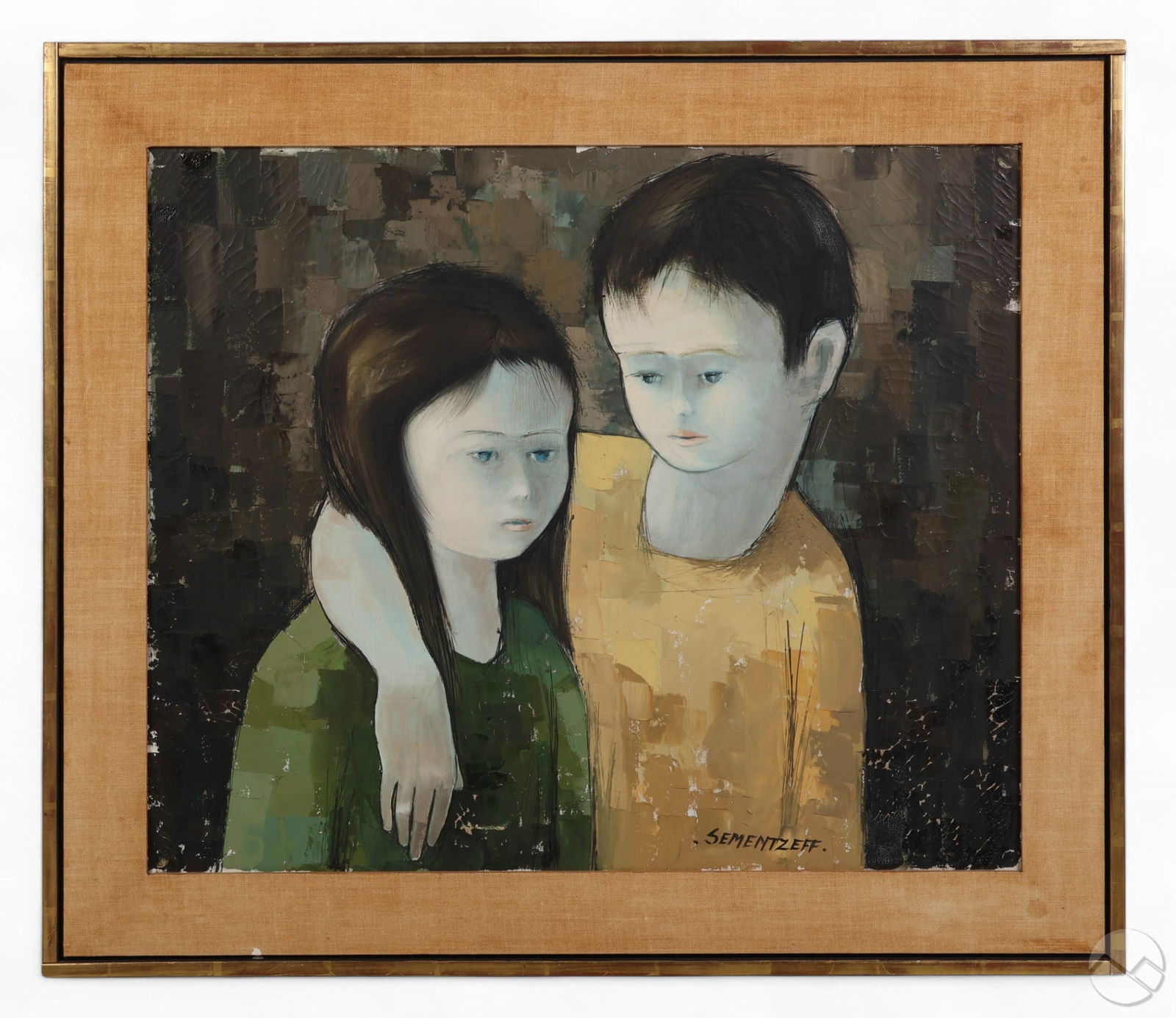 Michel Sementzeff b.1933 Childs Embrace Painting: Michel Sementzeff (French, born 1933), oil on canvas depicting a modern figurative composition of two children in a close embrace rendered in an expressive textured impasto technique. Signed lower rig
