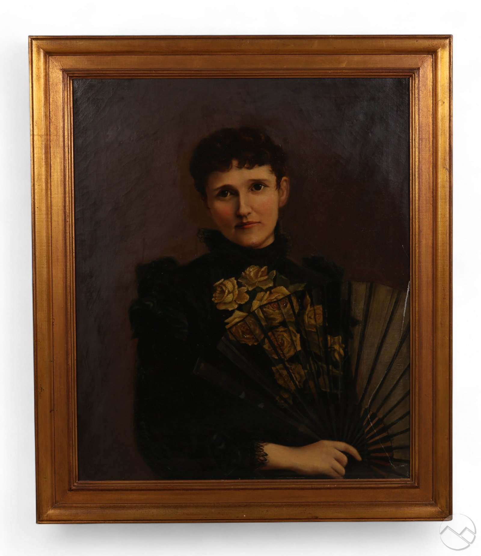 Antique Portrait of a Woman Holding a Fan Painting: Antique 19th-century oil on canvas depicting a distinguished lady in period attire presented with a lush of golden-hued roses and a hand fan. The composition reflects refined Victorian sensibilities a