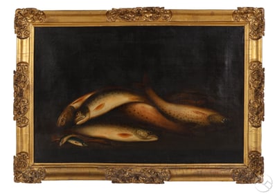 Antique Still Life Group of Fish on Table Painting