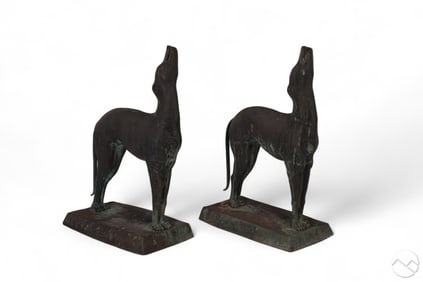 Pair of Bronze Howling Greyhound Dog Statues