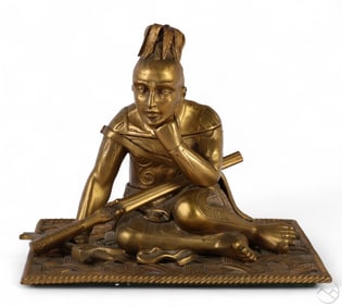 Antique Gilt Bronze Figural Sitting Indian Inkwell