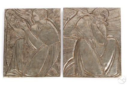 Art Deco Pair Silver Painted Ceramic Style Plaques