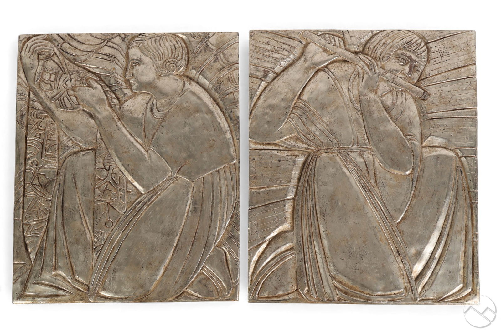 Art Deco Pair Silver Painted Ceramic Style Plaques (1 of 10)