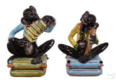 Pair Italian Majolica Terracotta Monkey Musicians