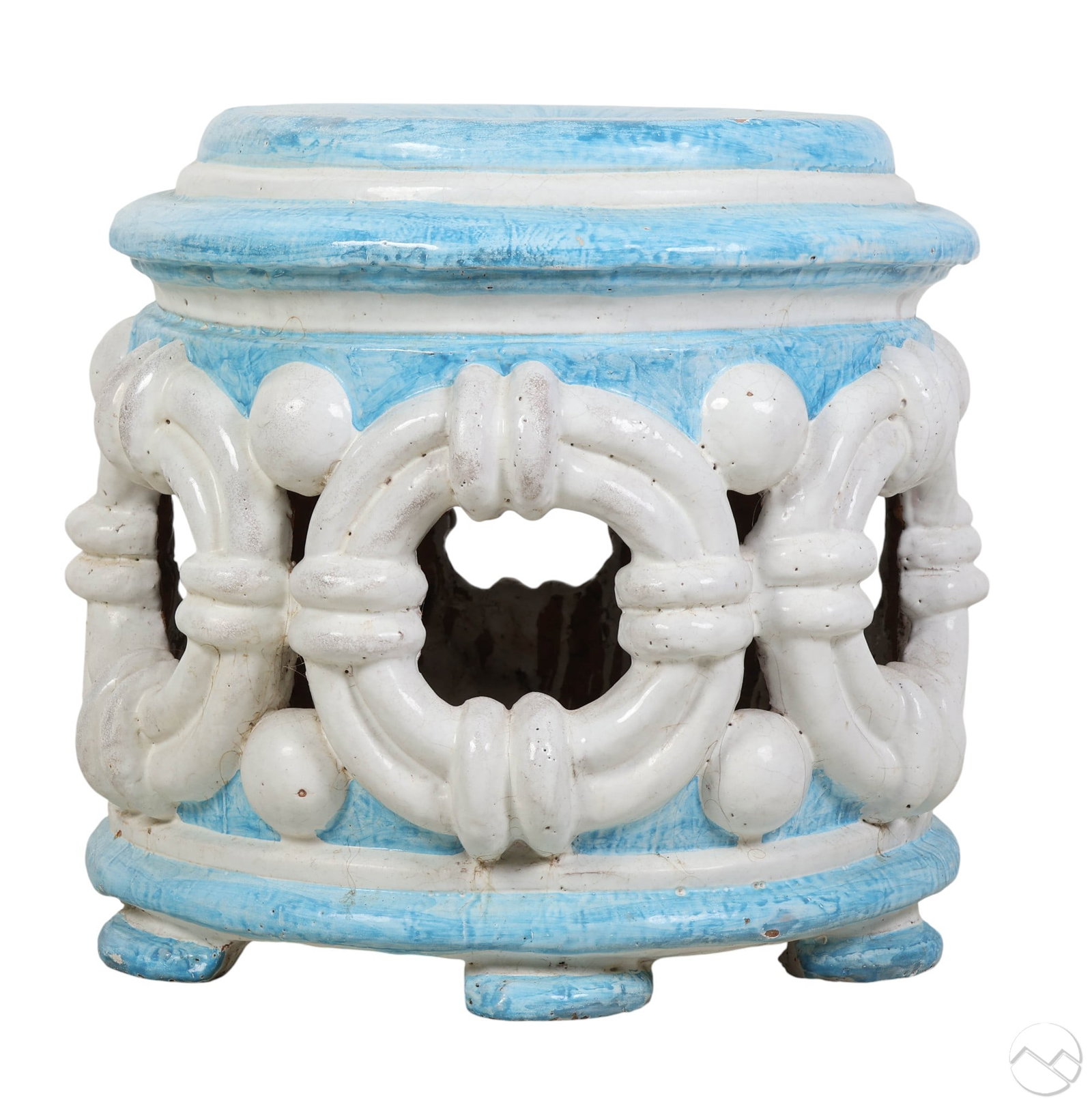 Palm Beach Regency Blue and White Rope Garden Seat: Italian majolica glazed red terracotta garden seat finished in white and blue. The cylindrical body is decorated with raised roped panels and supports a stepped seat in blue and white glaze. Attribute